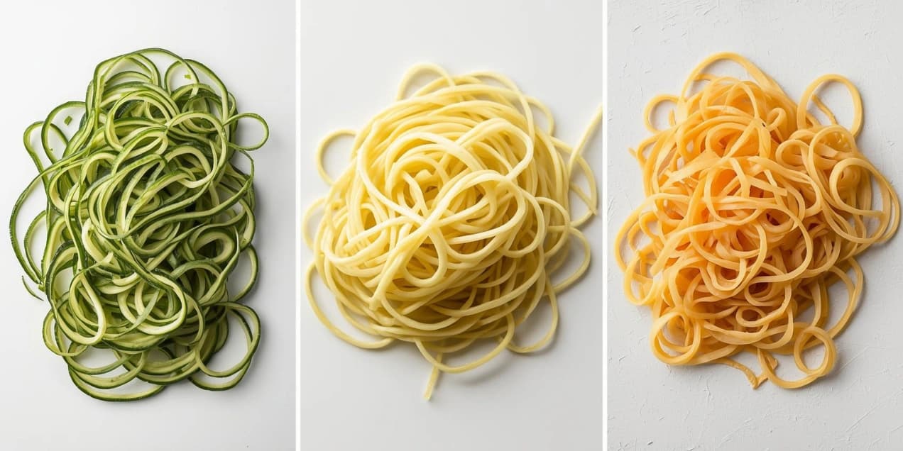 A collage of healthy pasta swaps, including zucchini noodles, spaghetti squash, and hearts of palm pasta.