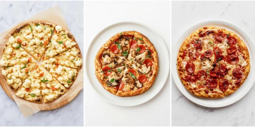 A collage of healthy pizza swaps, including a cauliflower crust, a portobello mushroom pizza, and turkey pepperoni.