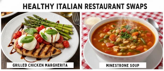 A collage illustrating of healthy Italian restaurant swaps, showing grilled chicken margherita instead of alfredo and minestrone soup instead of breadsticks.