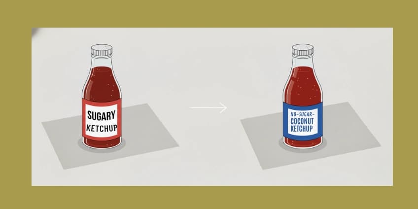A side-by-side illustration swapping a sugary ketchup bottle for a no-sugar-added ketchup bottle.