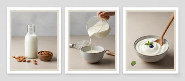 A collage of keto dairy and milk swaps, including unsweetened almond milk, heavy cream, and full-fat Greek yogurt.