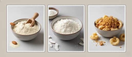 A collage of keto flour and binder swaps, including almond flour, coconut flour, and crushed pork rinds.