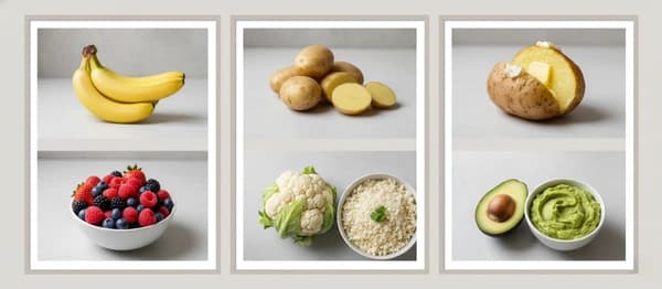 A collage comparing high-carb fruits/veg (banana, potato) to low-carb keto options (berries, cauliflower, avocado).