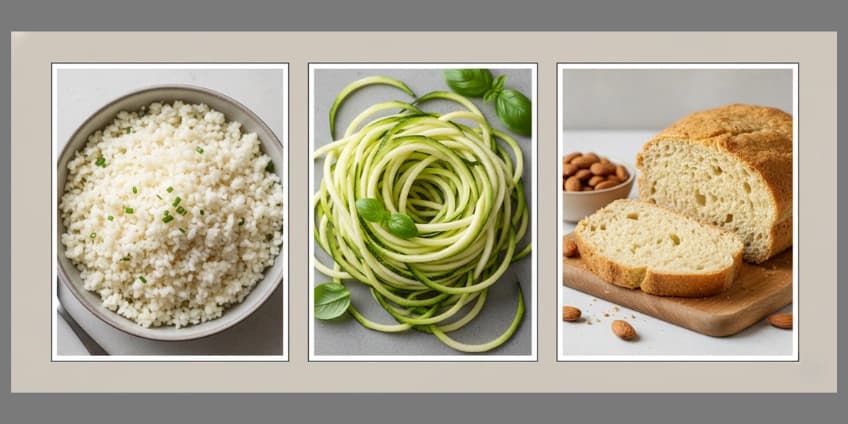 A collage of keto grain and starch swaps, including cauliflower rice, zucchini noodles, and almond flour bread.