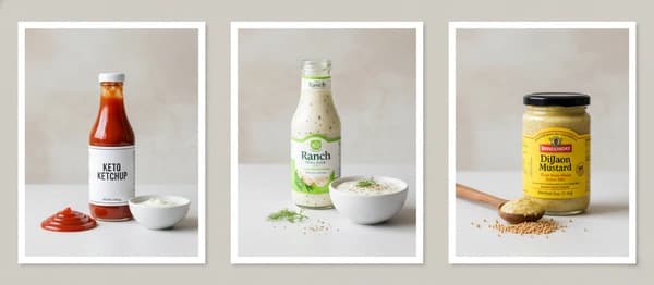 A collage of keto-friendly sauces and condiments, including sugar-free ketchup, full-fat ranch, and Dijon mustard.