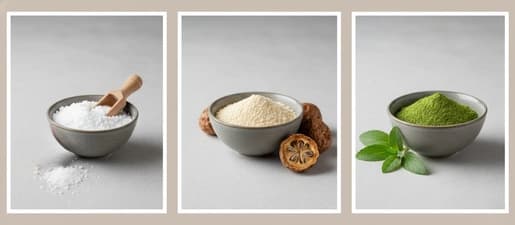 A collage of keto-friendly sweeteners, including erythritol, monk fruit, and stevia.