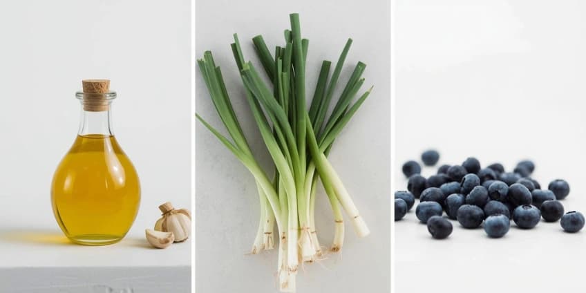 A collage of low-FODMAP swaps including garlic-infused oil, green onion tops, and blueberries.