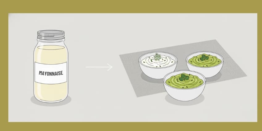 A side-by-side illustration swapping a jar of mayonnaise for a bowl of Greek yogurt and a mashed avocado.