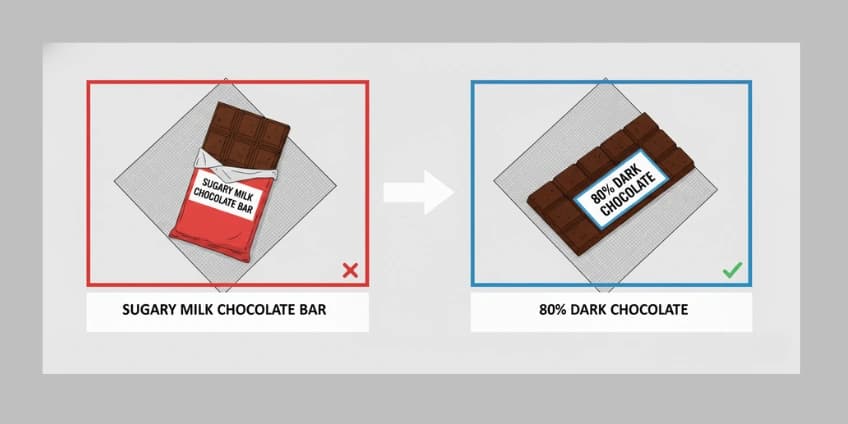 A side-by-side illustration swapping a sugary milk chocolate bar for a bar of 80% dark chocolate.