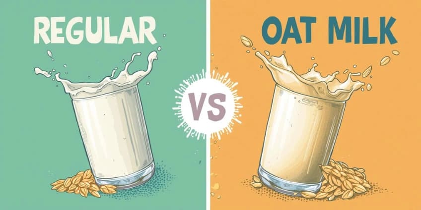 A side-by-side illustration comparing a carton of dairy milk to a carton of protein-fortified oat milk.