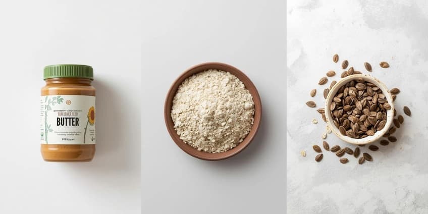 A collage of nut-free swaps including sunflower seed butter, oat flour, and pumpkin seeds.