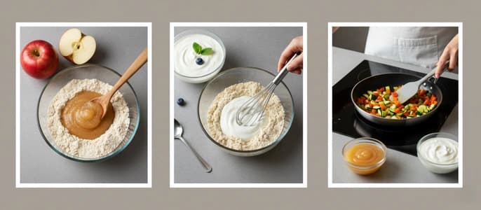 A collage illustrating oil-free cooking swaps using applesauce and yogurt for baking and sautéing.