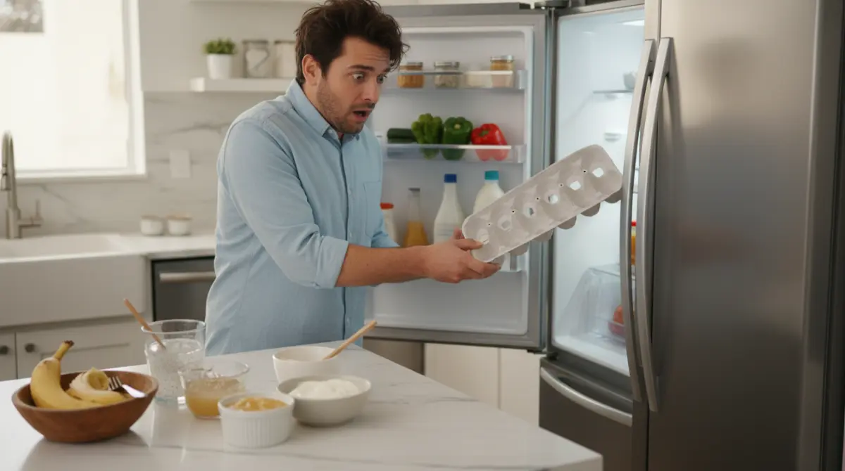 A person opening the refrigerator with a surprised or panicked expression after realizing they're out of eggs. The egg carton inside the fridge is completely empty, with one egg slot open to emphasize the shortage. On the countertop nearby, display natural egg substitutes such as a small bowl of mashed bananas, a chia-seed-and-water mixture in a glass, applesauce in a small ramekin, and a bowl of yogurt.
