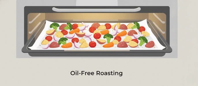 Illustration of vegetables roasting on parchment paper without oil.