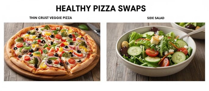 A collage illustrating of healthy pizza swaps, showing thin crust veggie pizza and a side salad.