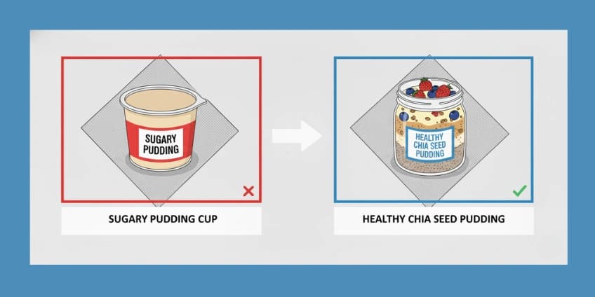 A side-by-side illustration swapping a sugary pudding cup for a jar of healthy chia seed pudding.