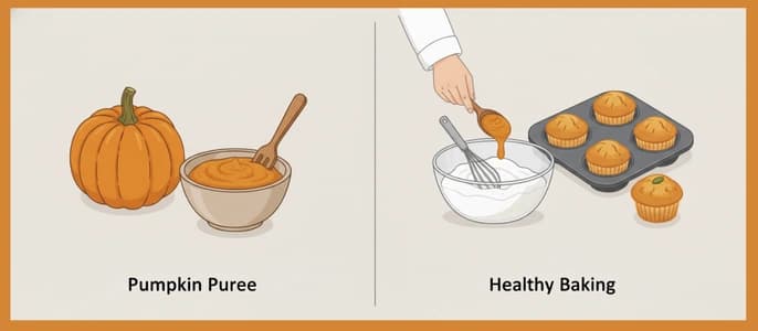 Illustration showing pumpkin puree used as a healthy oil substitute in baking.