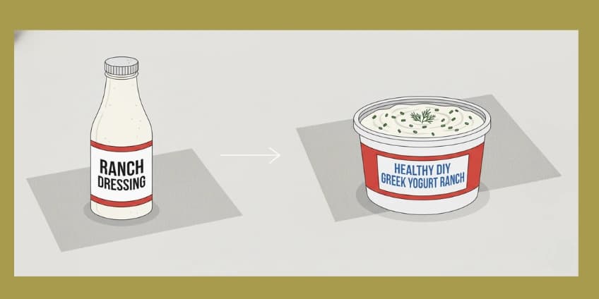 A side-by-side illustration swapping a bottle of ranch dressing for a bowl of healthy DIY Greek yogurt ranch.