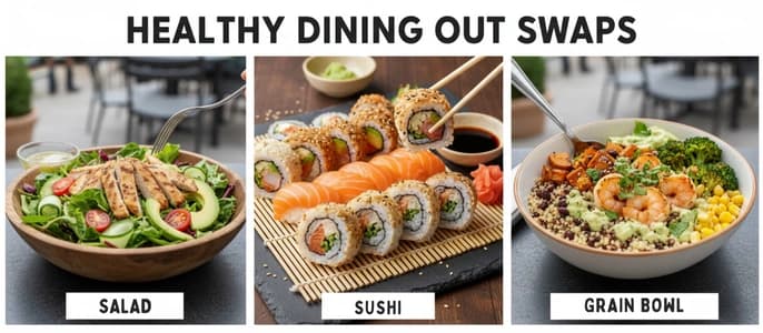A collage illustrating healthy dining out swaps, including a salad, sushi, and a healthy grain bowl.