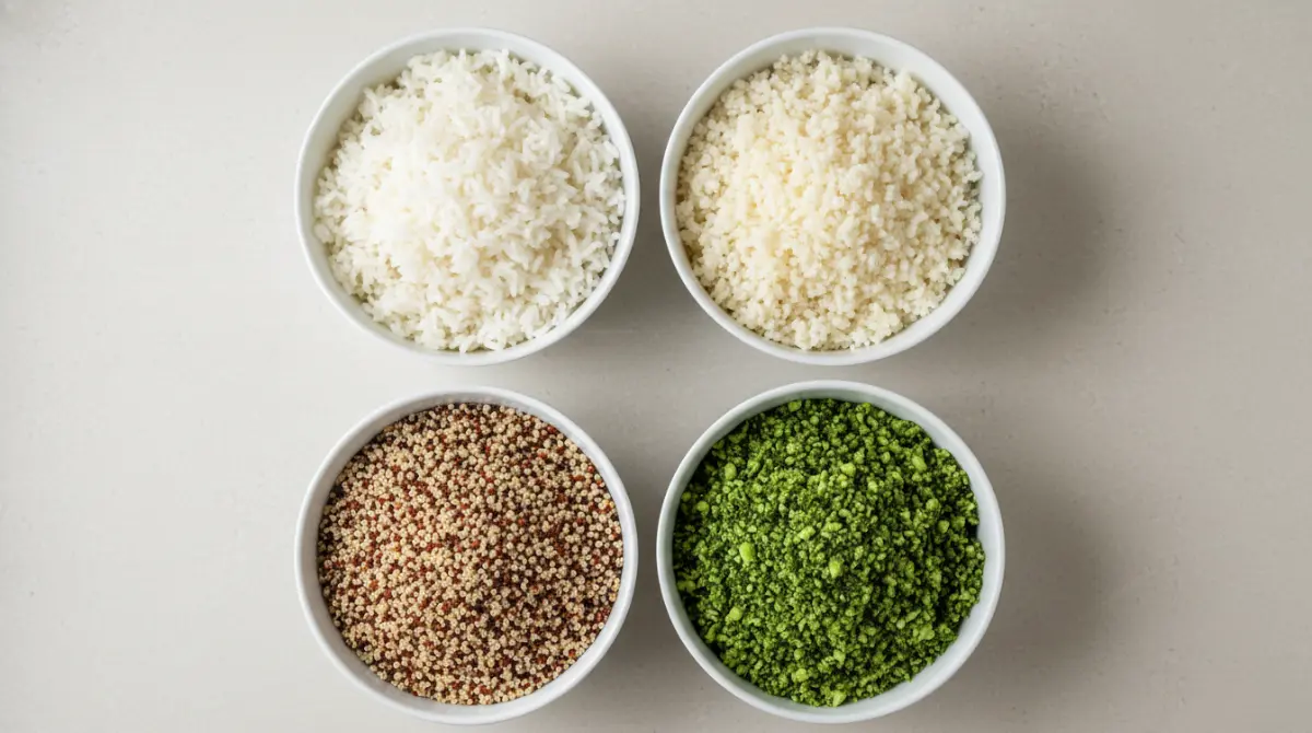 Four bowls containing white rice, quinoa, cauliflower rice, and broccoli rice for comparison.