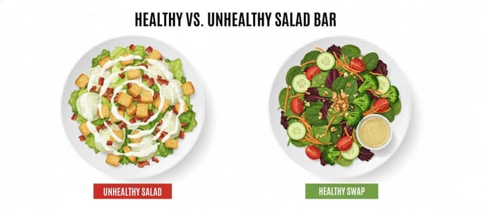 Illustration comparing an unhealthy salad bar plate (creamy dressing, croutons) to a healthy one (vinaigrette on side, nuts).
