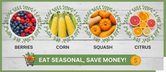 A collage of colorful seasonal produce like berries, corn, squash, and citrus, illustrating how seasonal swaps save money.