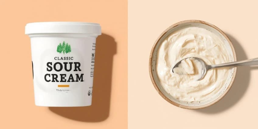 A side-by-side illustration comparing a tub of sour cream to a bowl of cashew sour cream.