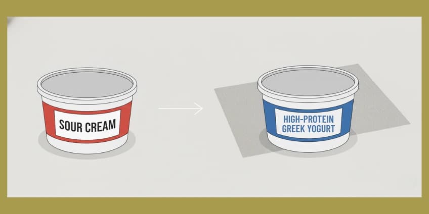 A side-by-side illustration swapping a tub of sour cream for a tub of high-protein Greek yogurt.