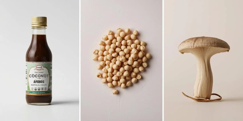 A collage of soy-free swaps including coconut aminos, chickpeas, and king oyster mushrooms.
