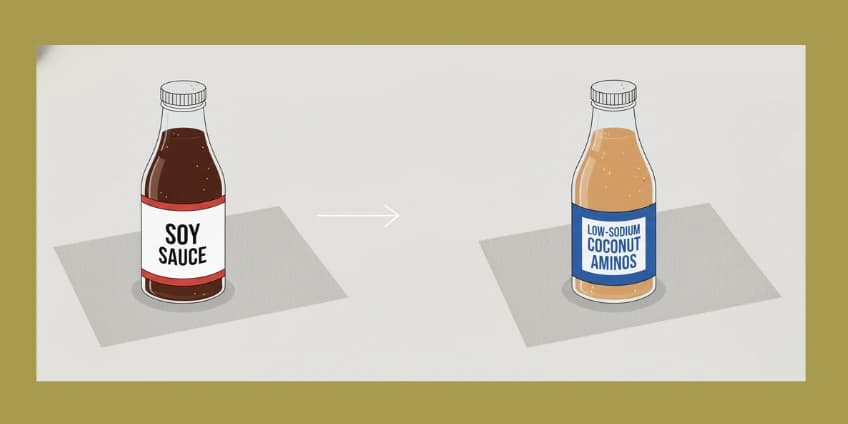 A side-by-side illustration swapping a bottle of soy sauce for a bottle of low-sodium coconut aminos.