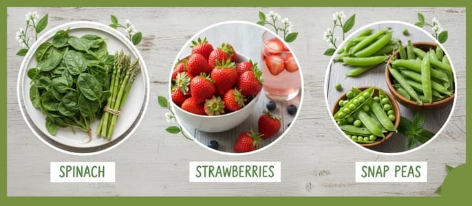 A collage of spring seasonal produce swaps, including fresh spinach, strawberries, and snap peas.