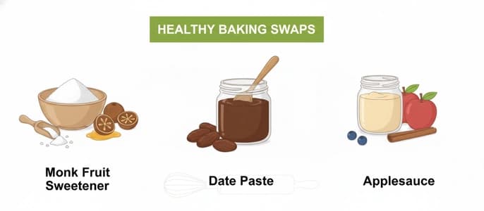 A collage of healthy sugar swaps for baking, including monk fruit sweetener, date paste, and applesauce.
