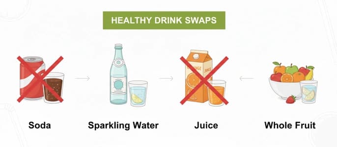 A collage of healthy drink swaps, showing soda replaced by sparkling water and juice replaced by whole fruit.