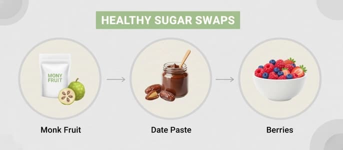 A collage showing white sugar being swapped for healthy alternatives like monk fruit, date paste, and berries.
