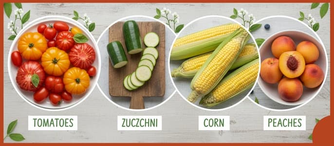 A collage of summer seasonal produce swaps, including fresh tomatoes, zucchini, corn, and peaches.