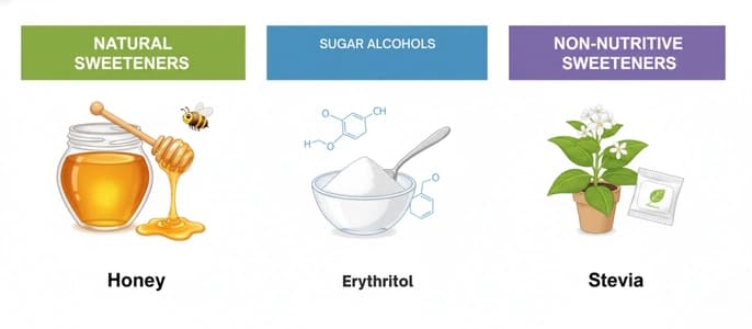 Illustration comparing natural sweeteners (honey), sugar alcohols (erythritol), and non-nutritive sweeteners (stevia).