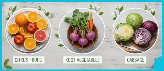 A collage of winter seasonal produce swaps, including citrus fruits, root vegetables like turnips, and cabbage.