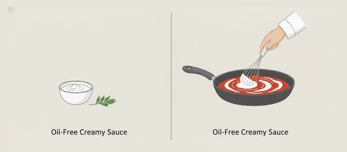 Illustration showing Greek yogurt being stirred into a sauce off-heat for oil-free creaminess.