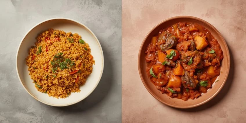 A collage of healthy African cuisine swaps, including Jollof rice and a vegetable tagine.