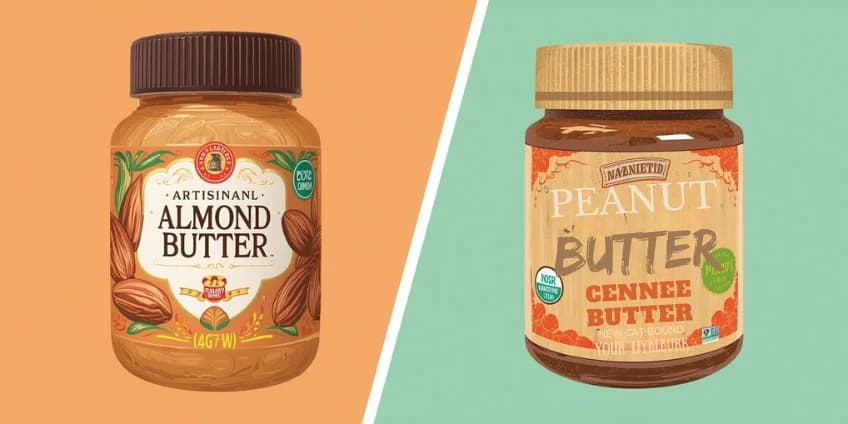 A side-by-side illustration of an expensive jar of almond butter next to a budget-friendly jar of natural peanut butter.