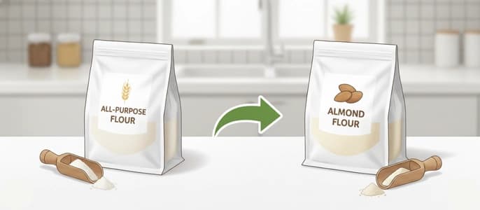 A side-by-side illustration swapping a bag of all-purpose flour for a bag of low-carb almond flour.