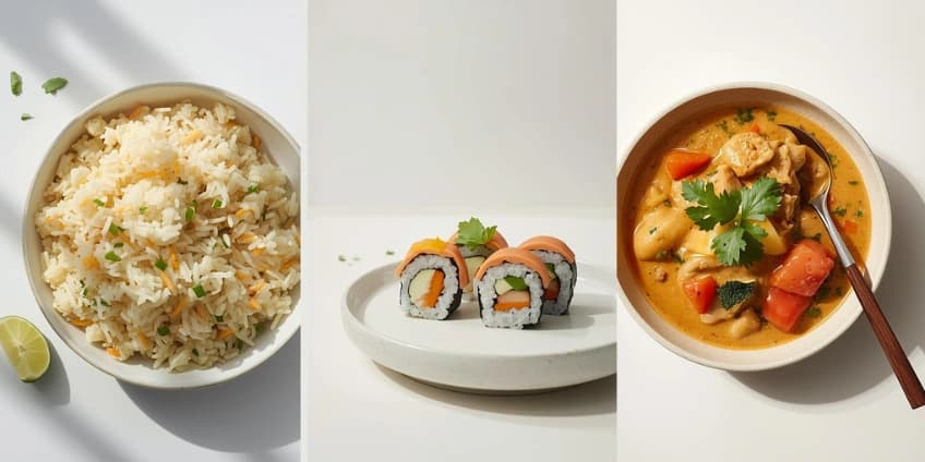 A collage of healthy Asian cuisine swaps, including cauliflower fried rice, sushi, and a light Thai curry.