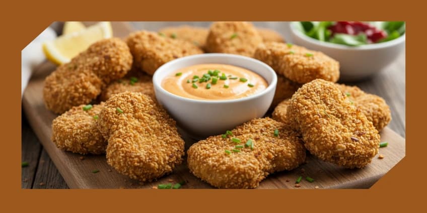 Crispy baked chicken nuggets made with a healthy coating, served with dipping sauce.