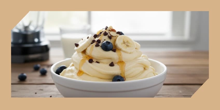A bowl of creamy banana "nice cream", a healthy ice cream alternative.