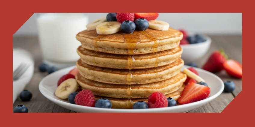 A stack of healthy 3-ingredient banana oat pancakes topped with berries.
