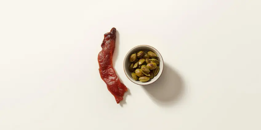A side-by-side illustration comparing a piece of beef jerky to a bowl of roasted edamame as a high-protein snack.