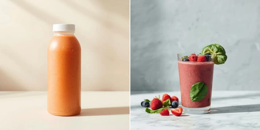 A side-by-side illustration swapping a sugary bottled smoothie for a healthy, high-protein homemade smoothie.