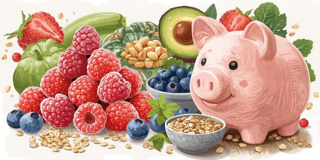 A collage of budget-friendly healthy foods like frozen berries and oats next to a piggy bank.