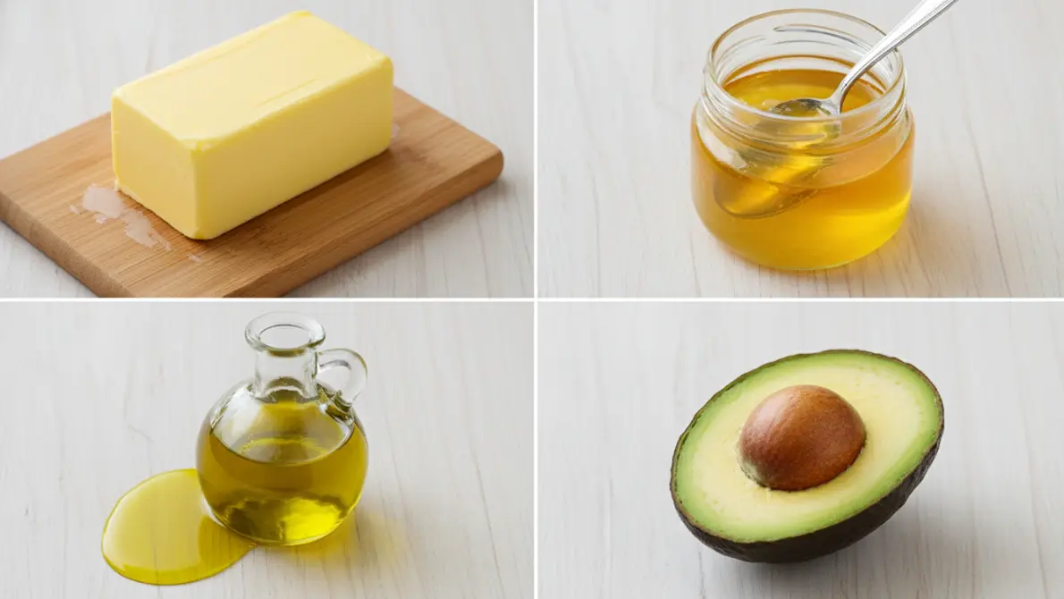 A comparison of healthy fats: A block of butter, a jar of golden ghee, and a bottle of olive oil on a wooden table.