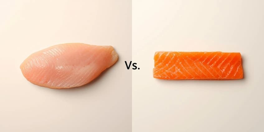 A side-by-side illustration swapping a chicken breast for a filet of Omega-3-rich salmon.